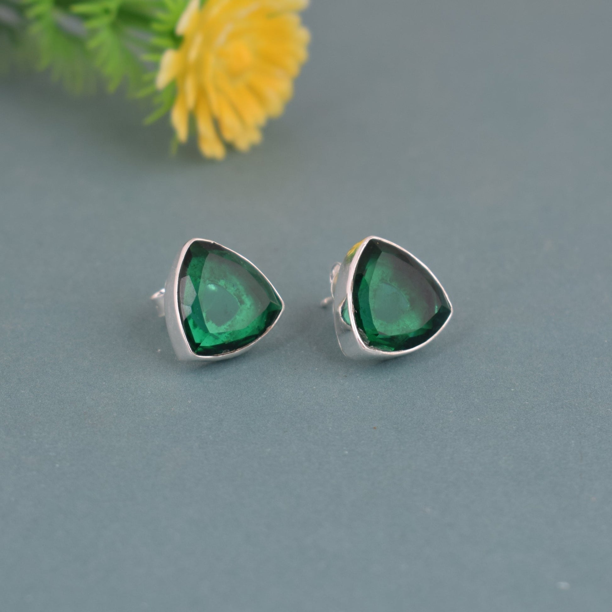 925 Sterling Silver Emerald Stone Triangle Shape Earring Studs For Girls And Women