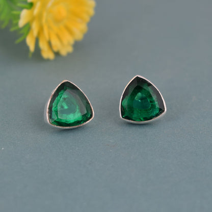 925 Sterling Silver Emerald Stone Triangle Shape Earring Studs For Girls And Women