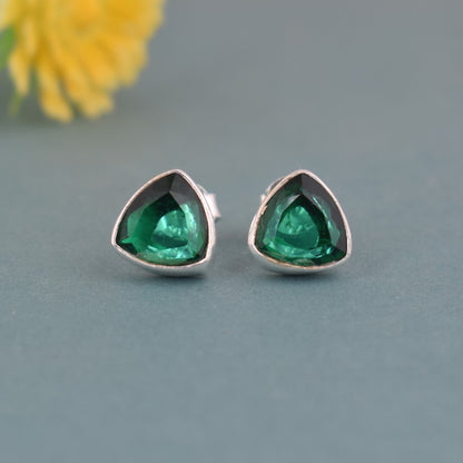 925 Sterling Silver Emerald Stone Triangle Shape Earring Studs For Girls And Women