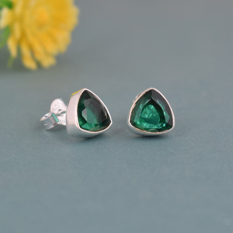 925 Sterling Silver Emerald Stone Triangle Shape Earring Studs For Girls And Women