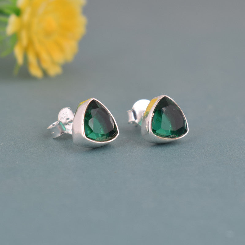 925 Sterling Silver Emerald Stone Triangle Shape Earring Studs For Girls And Women