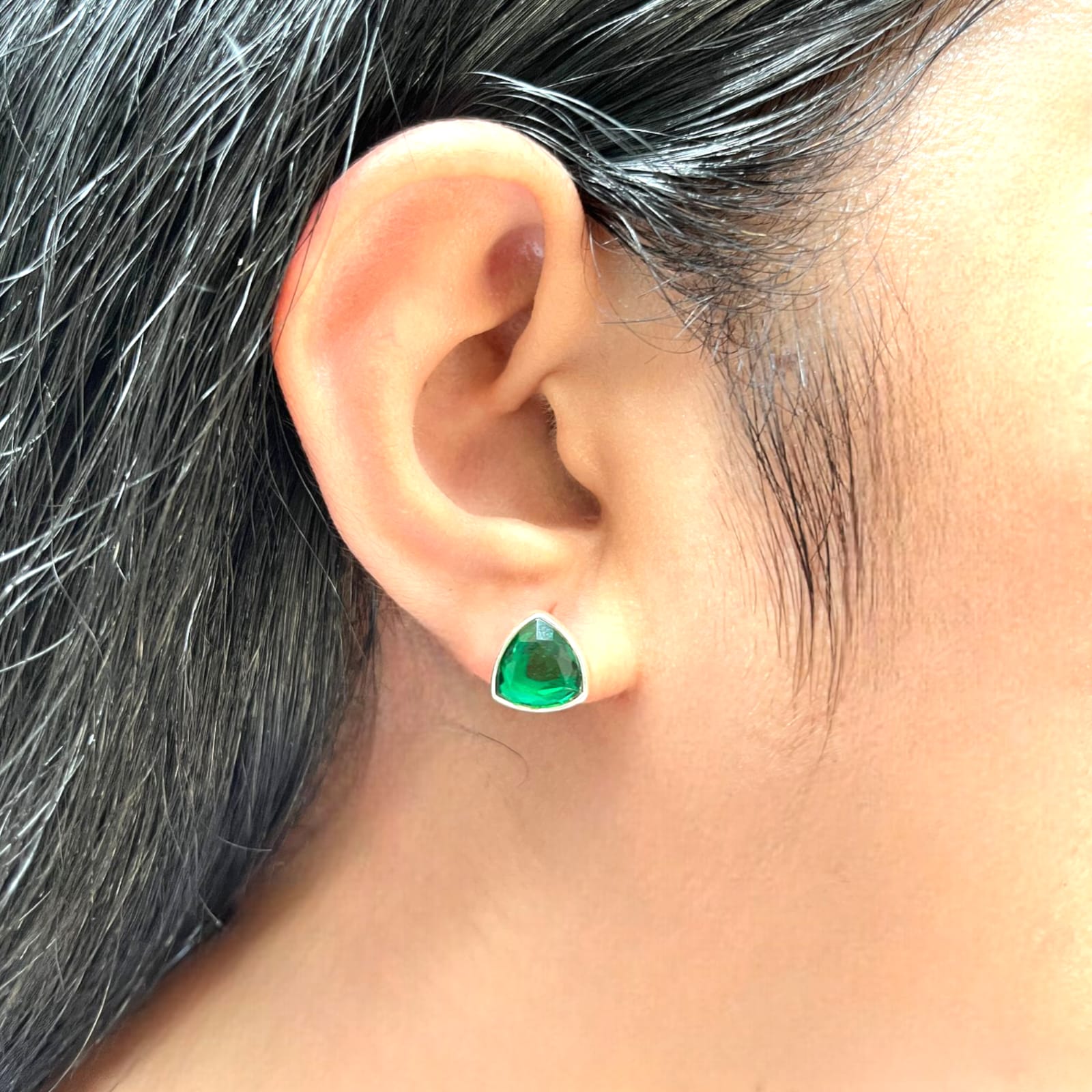 925 Sterling Silver Emerald Stone Triangle Shape Earring Studs For Girls And Women