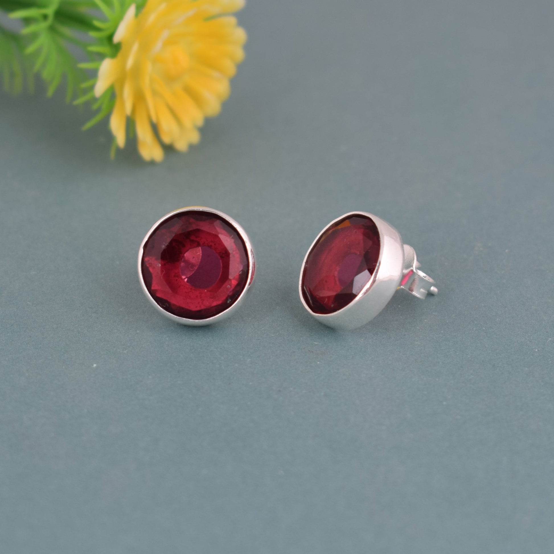 925 Sterling Silver Garnet Stone Round Shape Earrings For Girls And Women