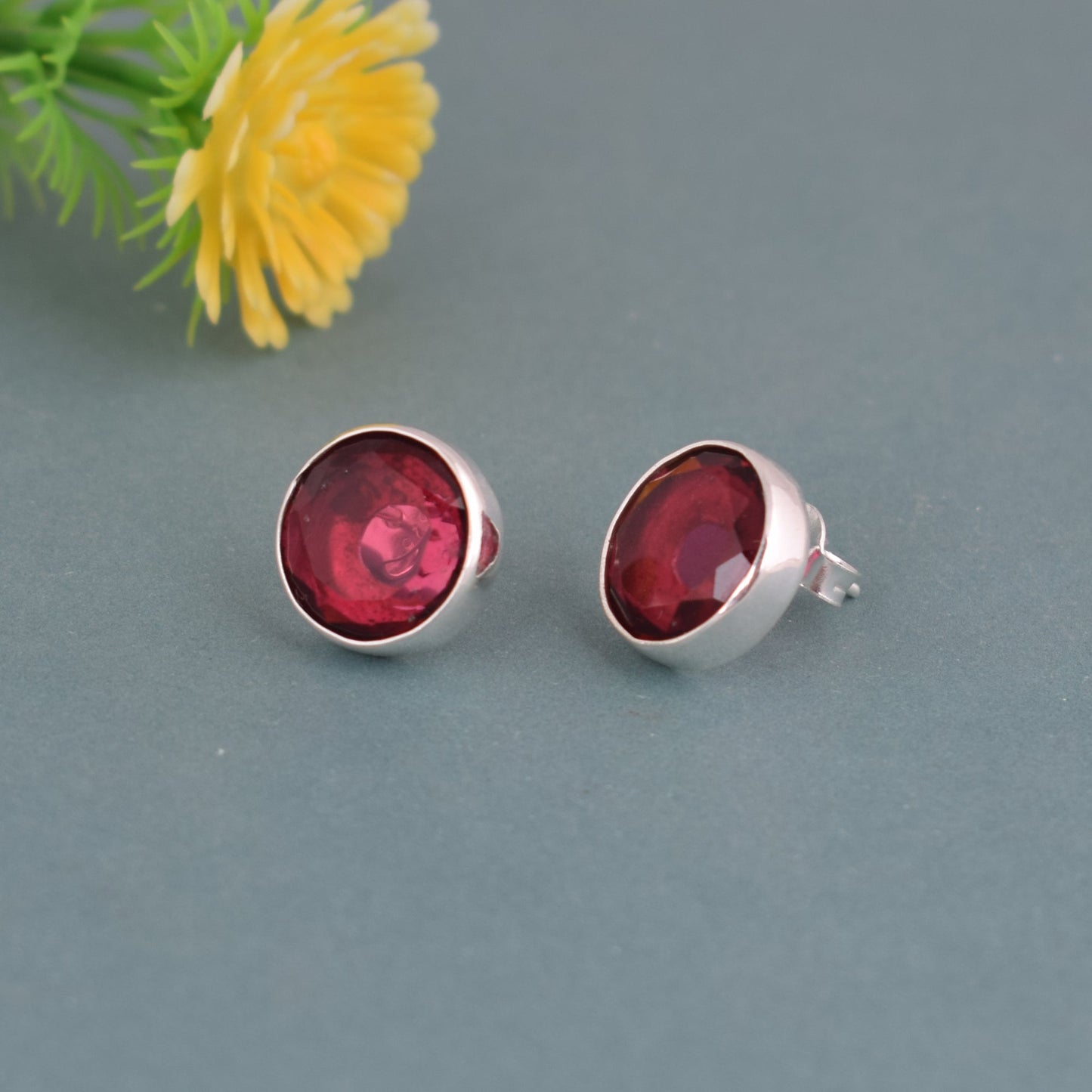 925 Sterling Silver Garnet Stone Round Shape Earrings For Girls And Women