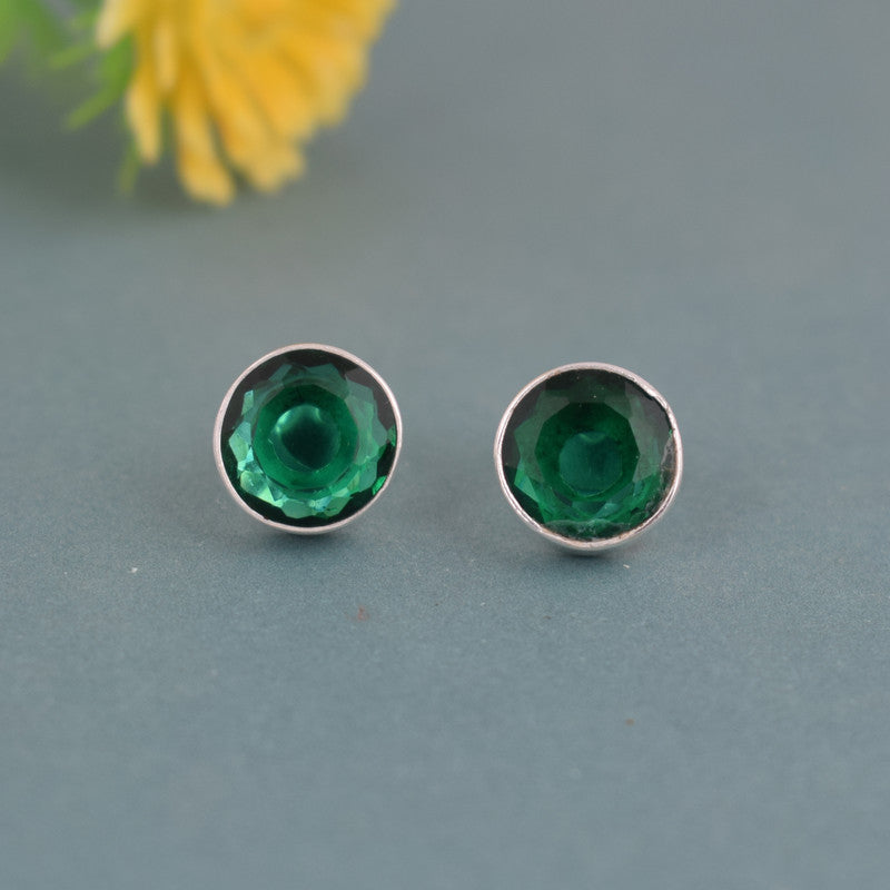 925 Sterling Silver Emerald Stone Round Shape Earring Studs For Girls And Women
