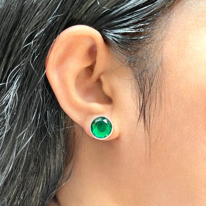 925 Sterling Silver Emerald Stone Round Shape Earring Studs For Girls And Women