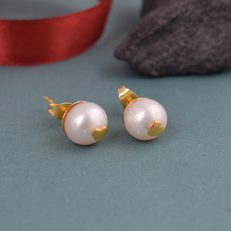 925 Sterling Silver White Pearl Earring With Golden Heart For Girls And Women