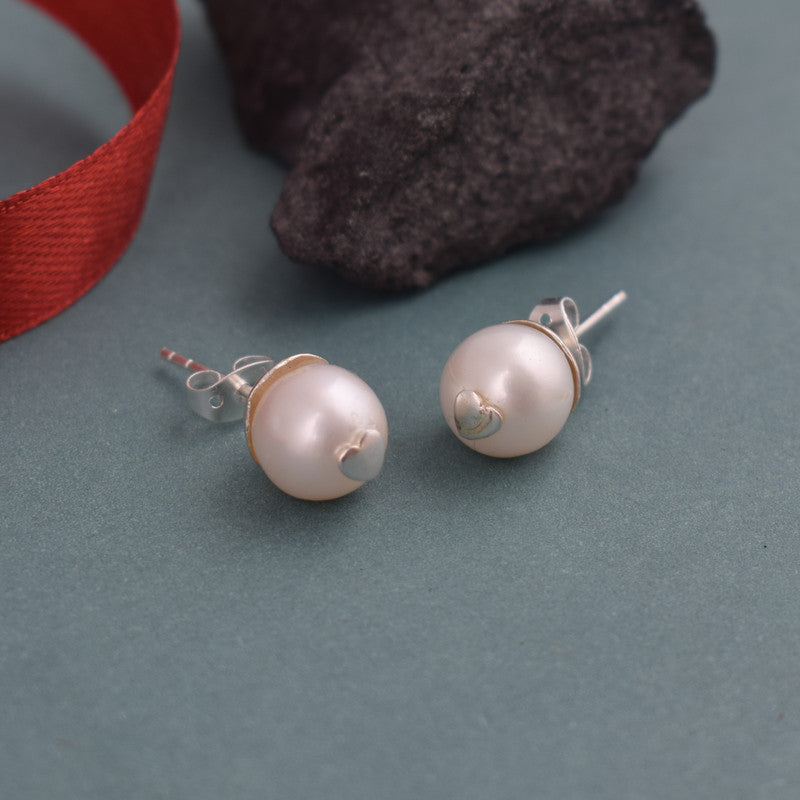 925 Sterling Silver White Pearl Earring With Silver Heart For Girls And Women