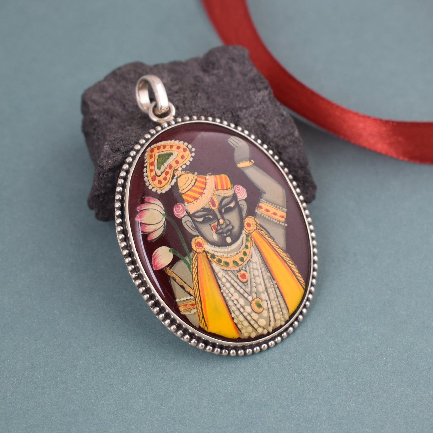 925 Sterling Silver Nath Ji Printed On Red Quartz Oval Shape Stone Pendant For Girls And Women