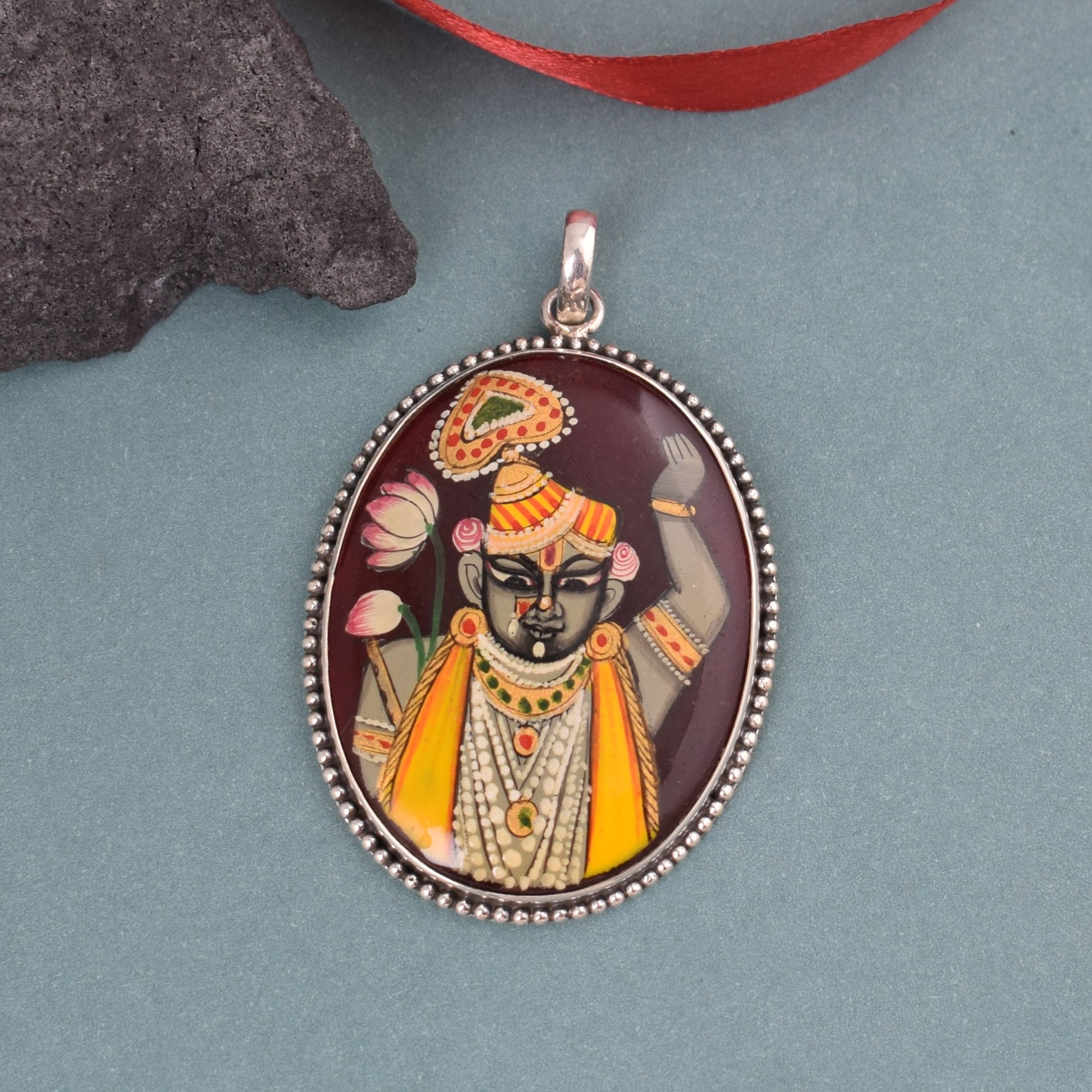 925 Sterling Silver Nath Ji Printed On Red Quartz Oval Shape Stone Pendant For Girls And Women