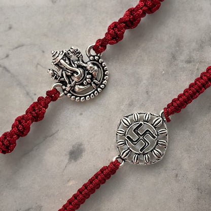 925 Sterling Silver Oxidised Swastik and Ganesha Rakhi For Brother Set Of 2