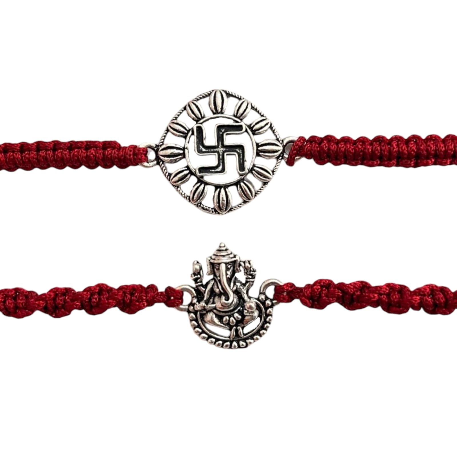 925 Sterling Silver Oxidised Swastik and Ganesha Rakhi For Brother Set Of 2