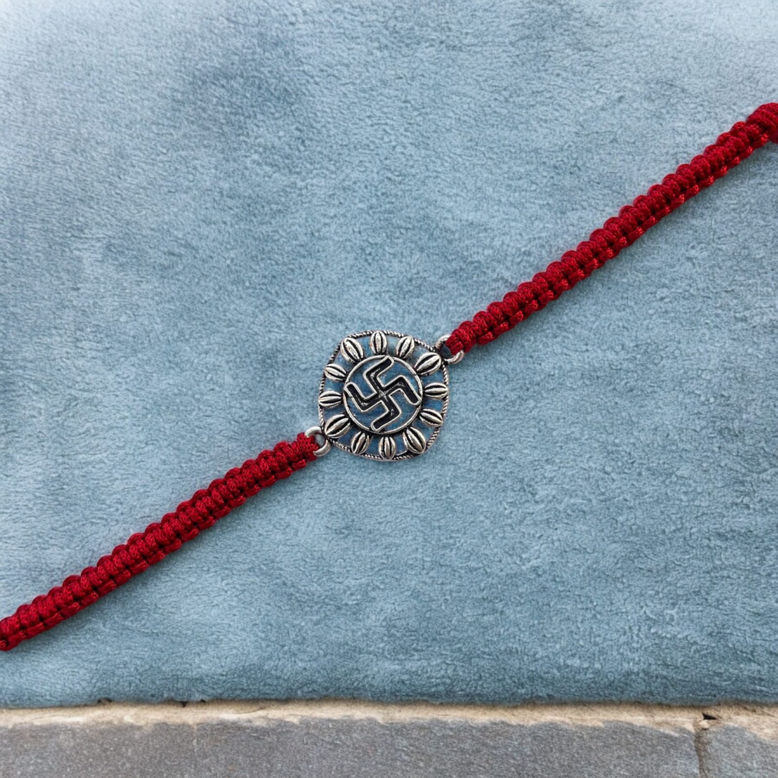 925 Sterling Silver Oxidised Swastik with Leafs Rakhi For Brother