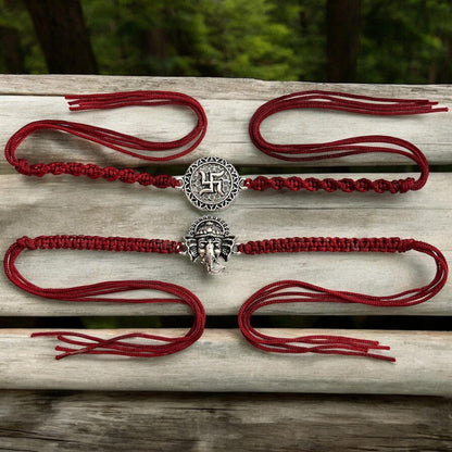 925 Sterling Silver Oxidised Swastik and Ganesha Face Rakhi For Brother Set Of 2