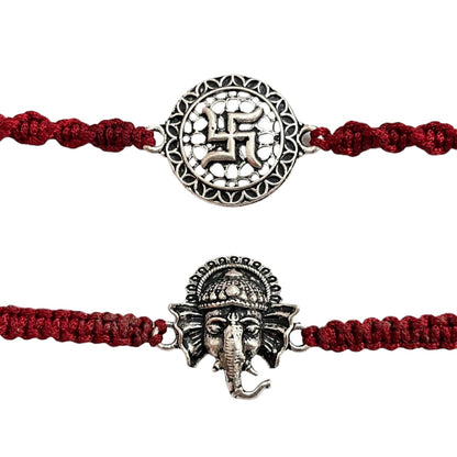 925 Sterling Silver Oxidised Swastik and Ganesha Face Rakhi For Brother Set Of 2