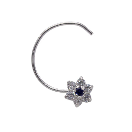 CZ Rhodium Plated Flower Shape With Blue Stone Nose Pin