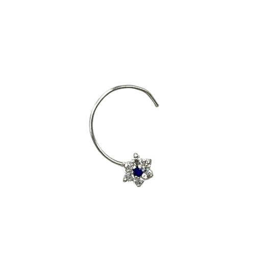 CZ Rhodium Plated Flower Shape With Blue Stone Nose Pin