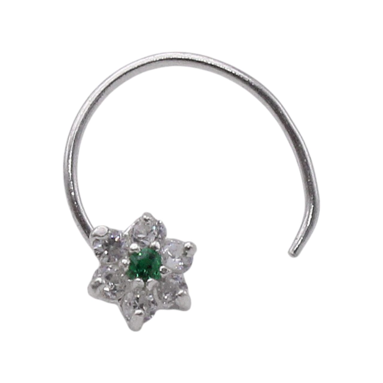 CZ Rhodium Plated Flower Shape With Green Stone Nose Pin