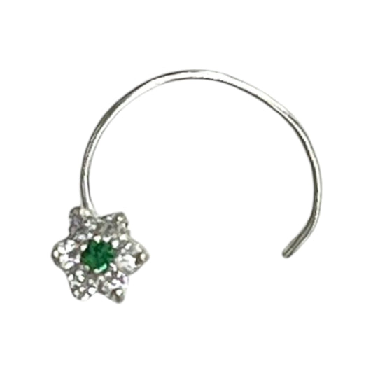 CZ Rhodium Plated Flower Shape With Green Stone Nose Pin