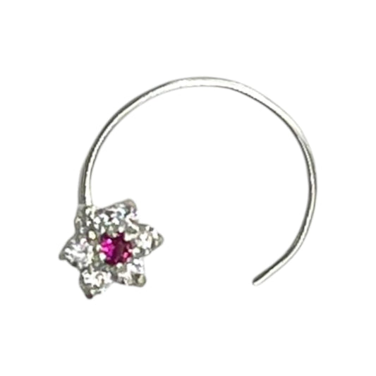 CZ Rhodium Plated Flower Shape With Red Stone Nose Pin