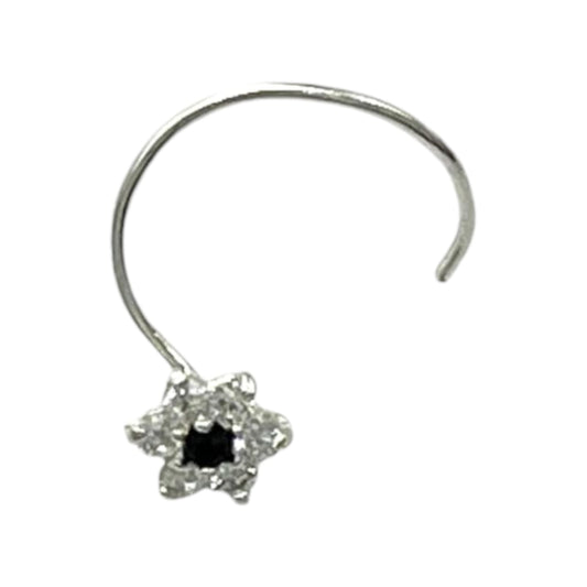 CZ Rhodium Plated Flower Shape With Black Stone Nose Pin