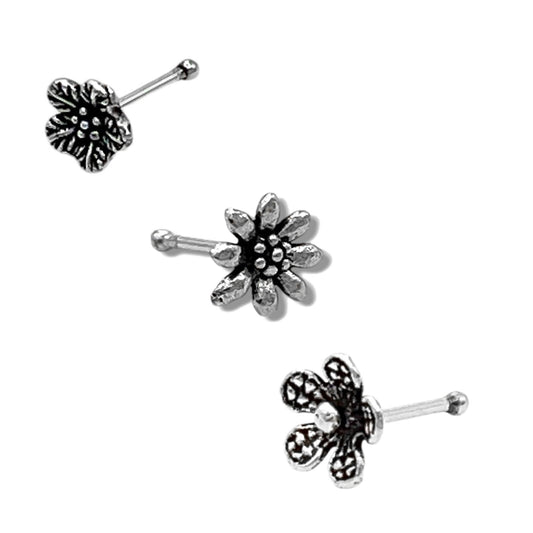 Silver Flower Nose Pin With Wire Set of 3