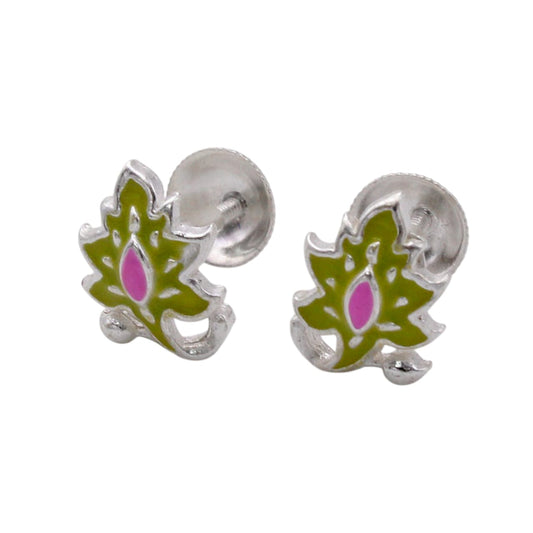 Leaf with Pink Enamel Earring For Kids Girls