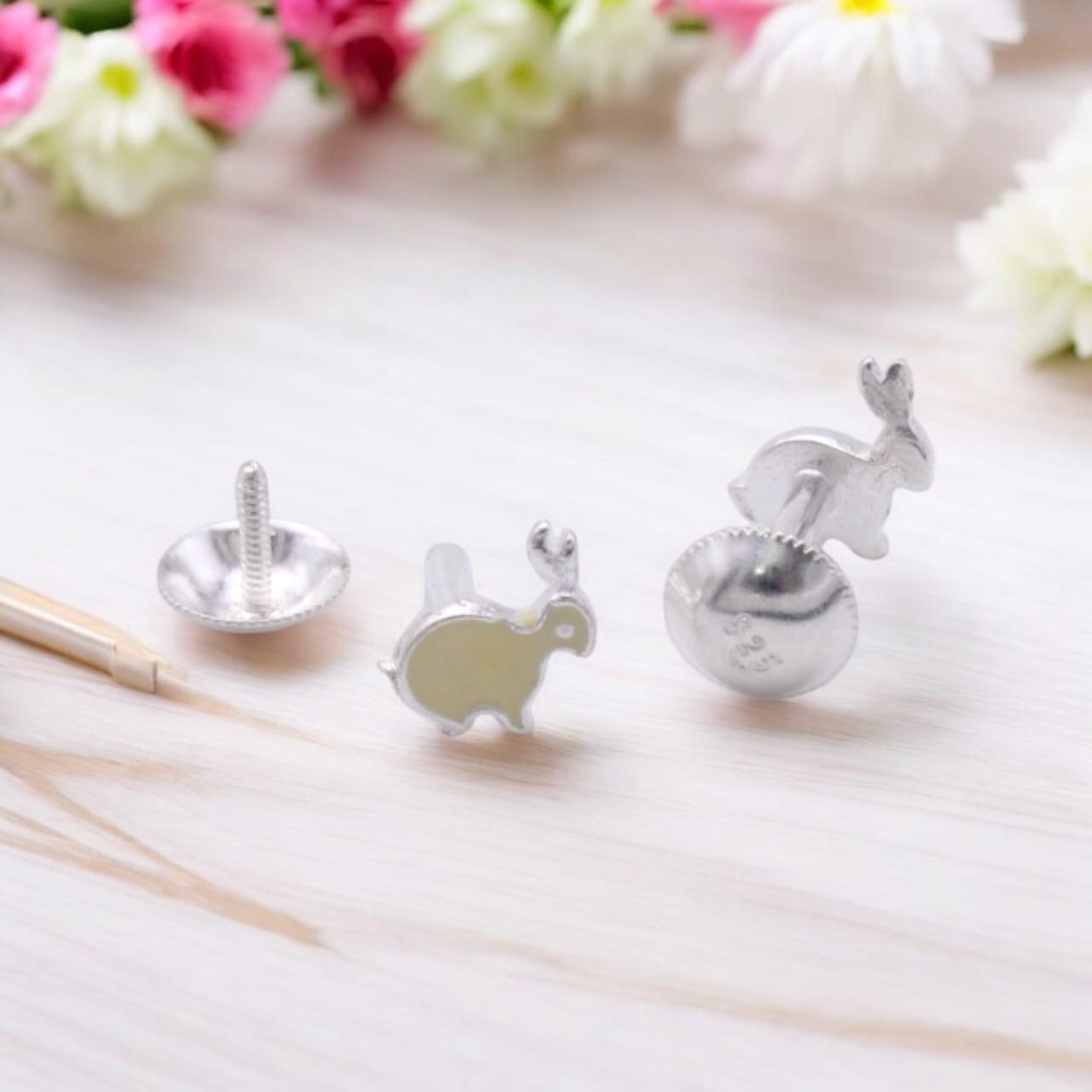 Off White Enamel Rabbit Earrings For Kids Girls