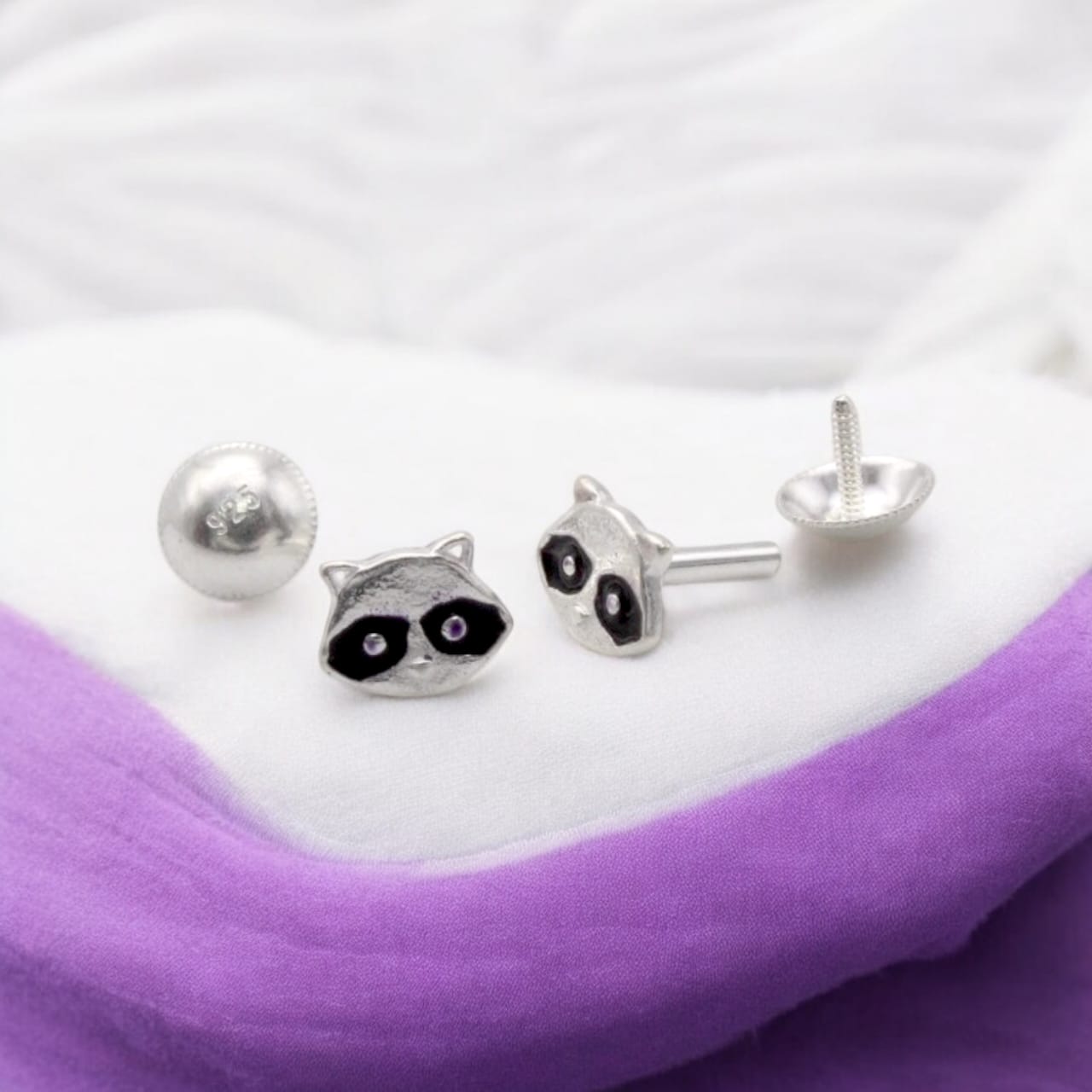 Black Eyes Raccoon Face Earring For Kids Girls