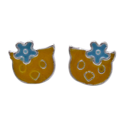 Cat Face With Blue Flower Earring For Kids Girls