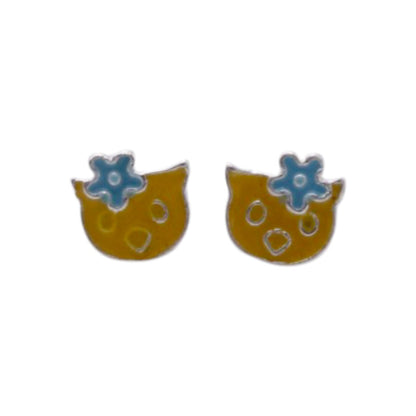 Cat Face With Blue Flower Earring For Kids Girls