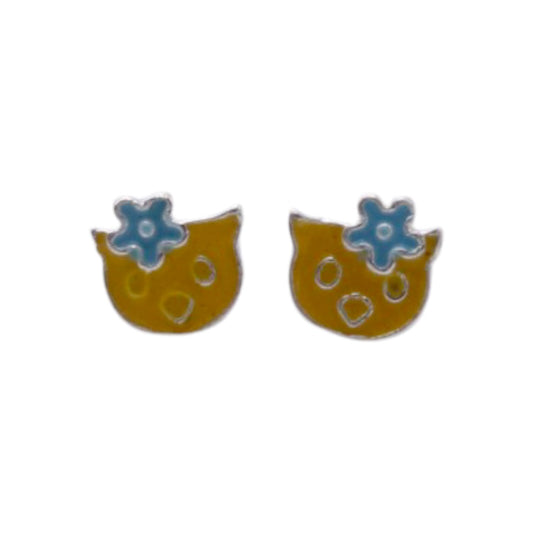 Cat Face With Blue Flower Earring For Kids Girls