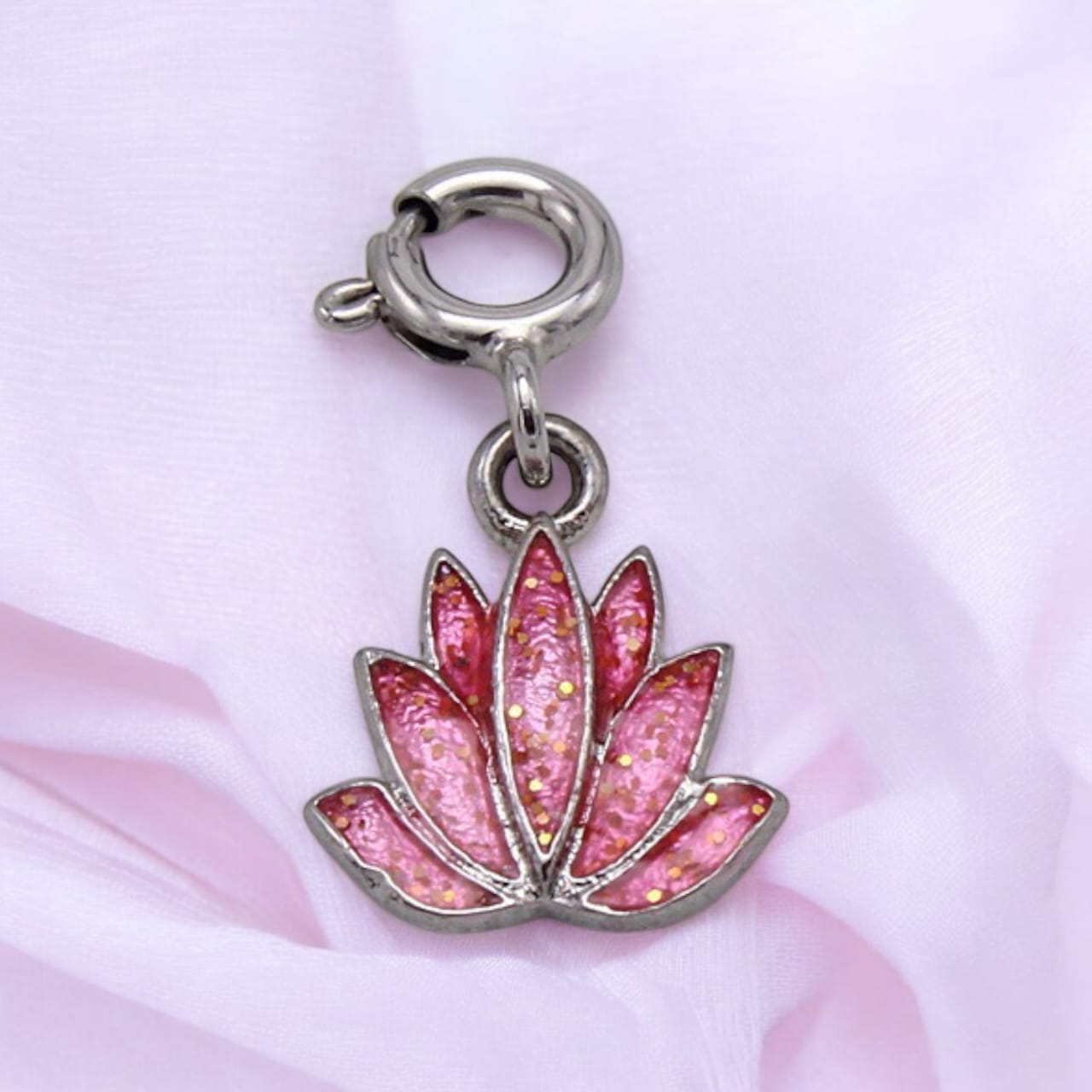 Silver Pink Sparkle Lotus Flower Charm