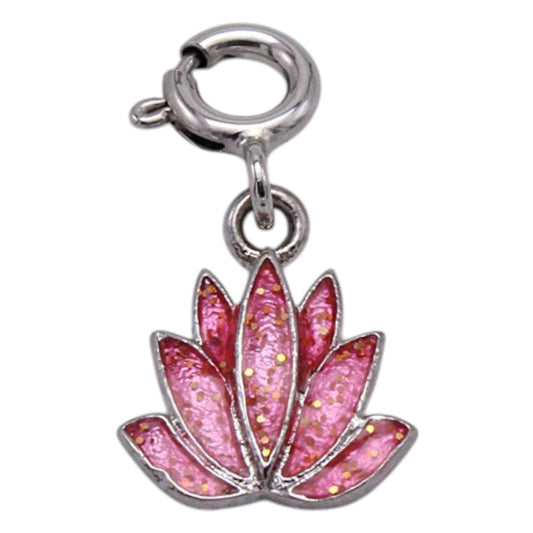 Silver Pink Sparkle Lotus Flower Charm