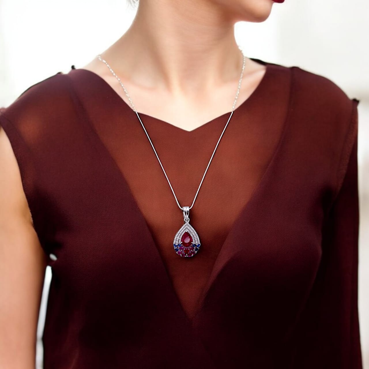 Red Stone Drop Shape Pendant with Chain