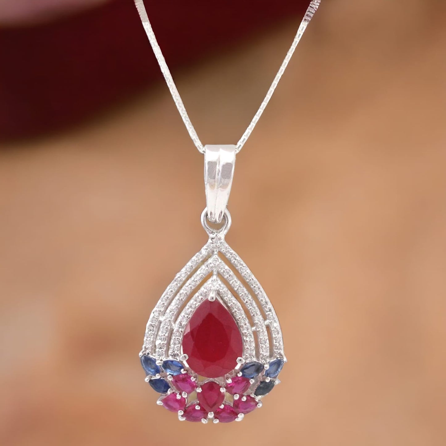 925 Sterling Silver Red Stone Drop Shape Pendant For Girls And Women