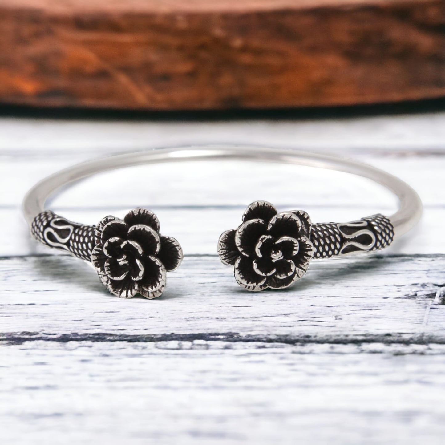 925 Sterling Silver Oxidised Flower Bangle Bracelet For Girls and Women