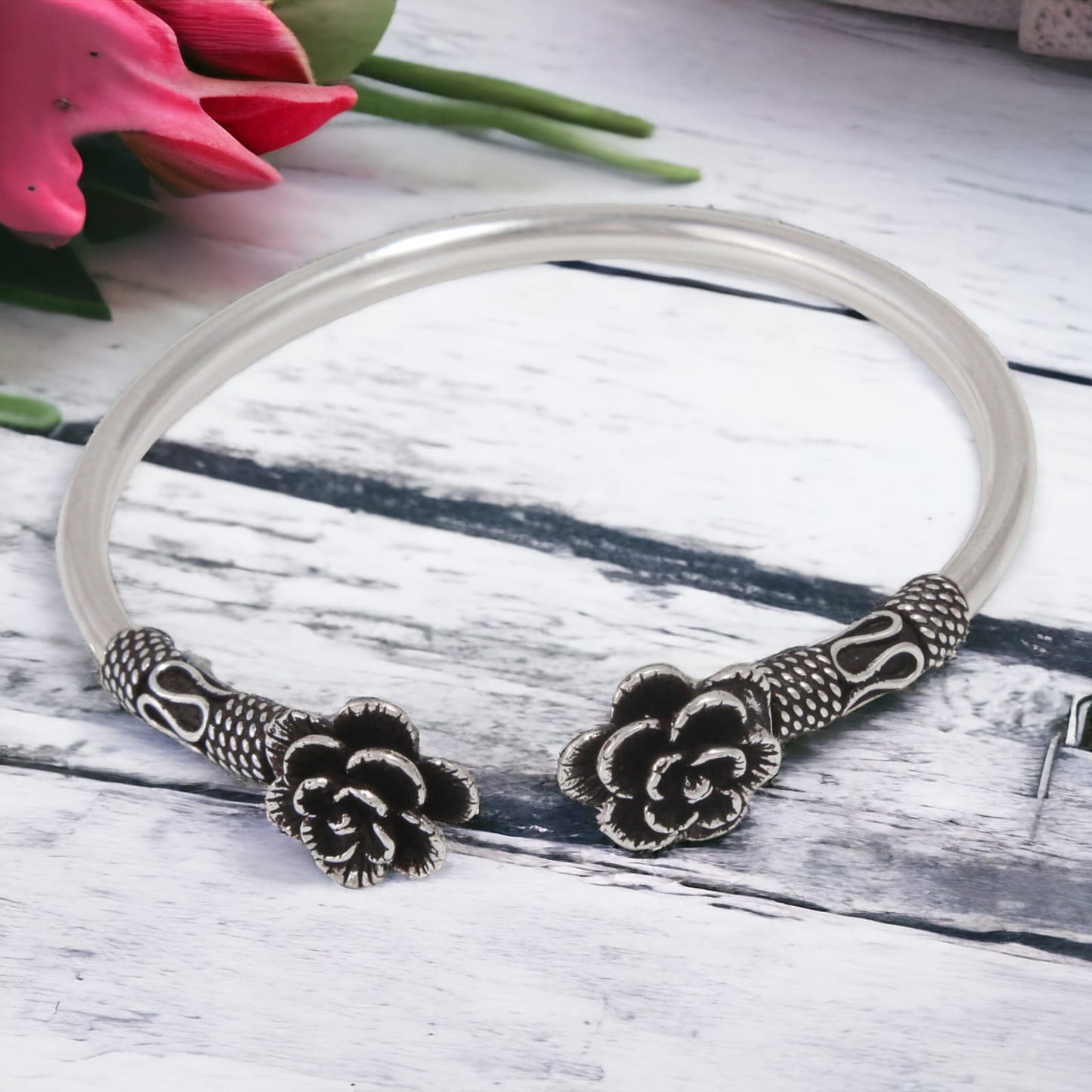 925 Sterling Silver Oxidised Flower Bangle Bracelet For Girls and Women