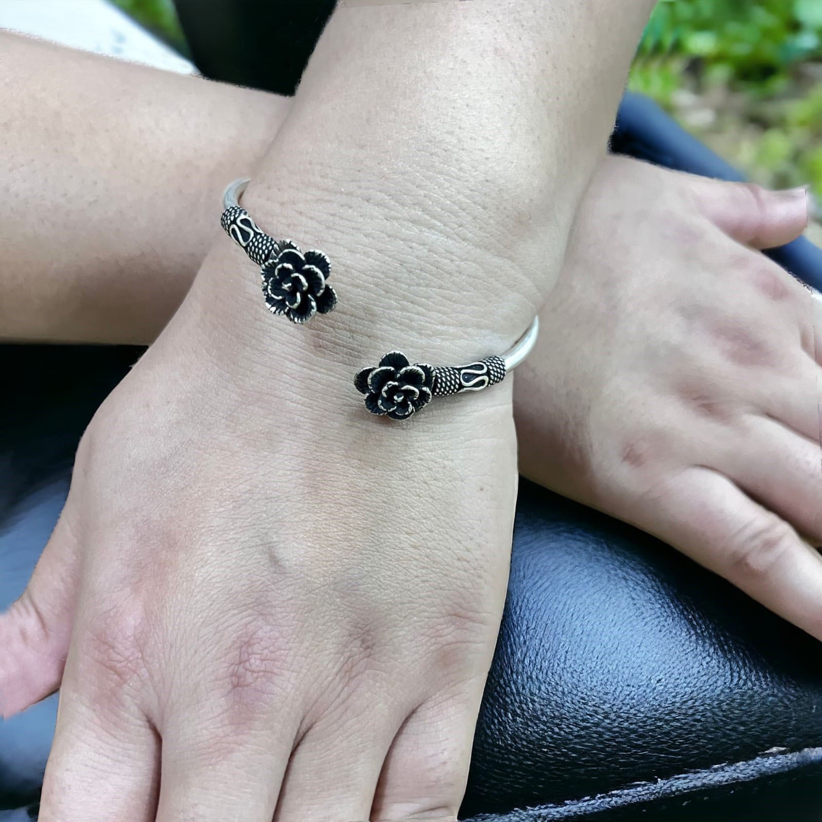 925 Sterling Silver Oxidised Flower Bangle Bracelet For Girls and Women