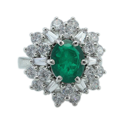 925 Sterling Silver Single Green Stone Surrounded With White Swarovski Cocktail Ring For Girls And Women