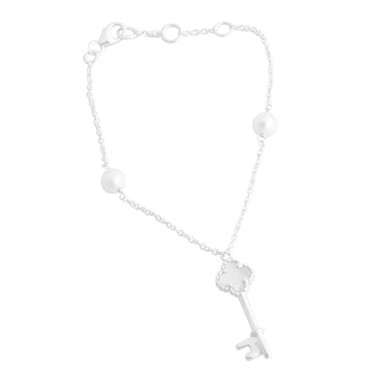 925 Sterling Silver Key Charm Bracelet With Pearl For Girls