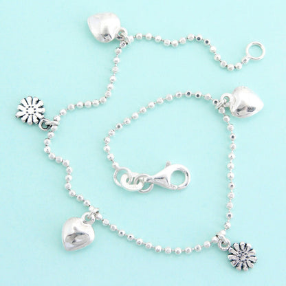 925 Sterling Silver Heart And Flower Bracelet For Girls