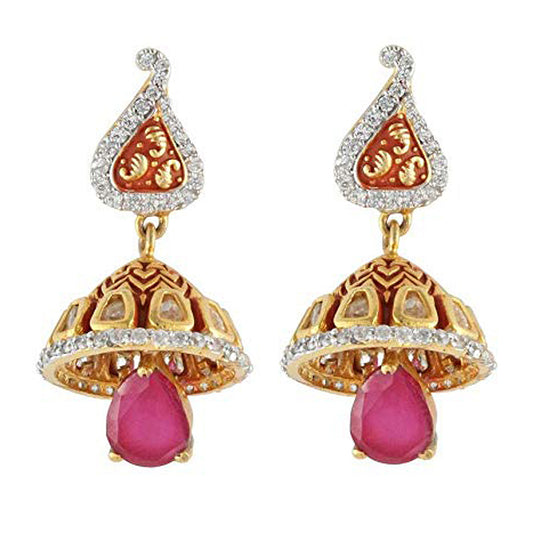 925 Sterling Silver Kundan Red Enamel Pink Stone Earring For Girls And Women