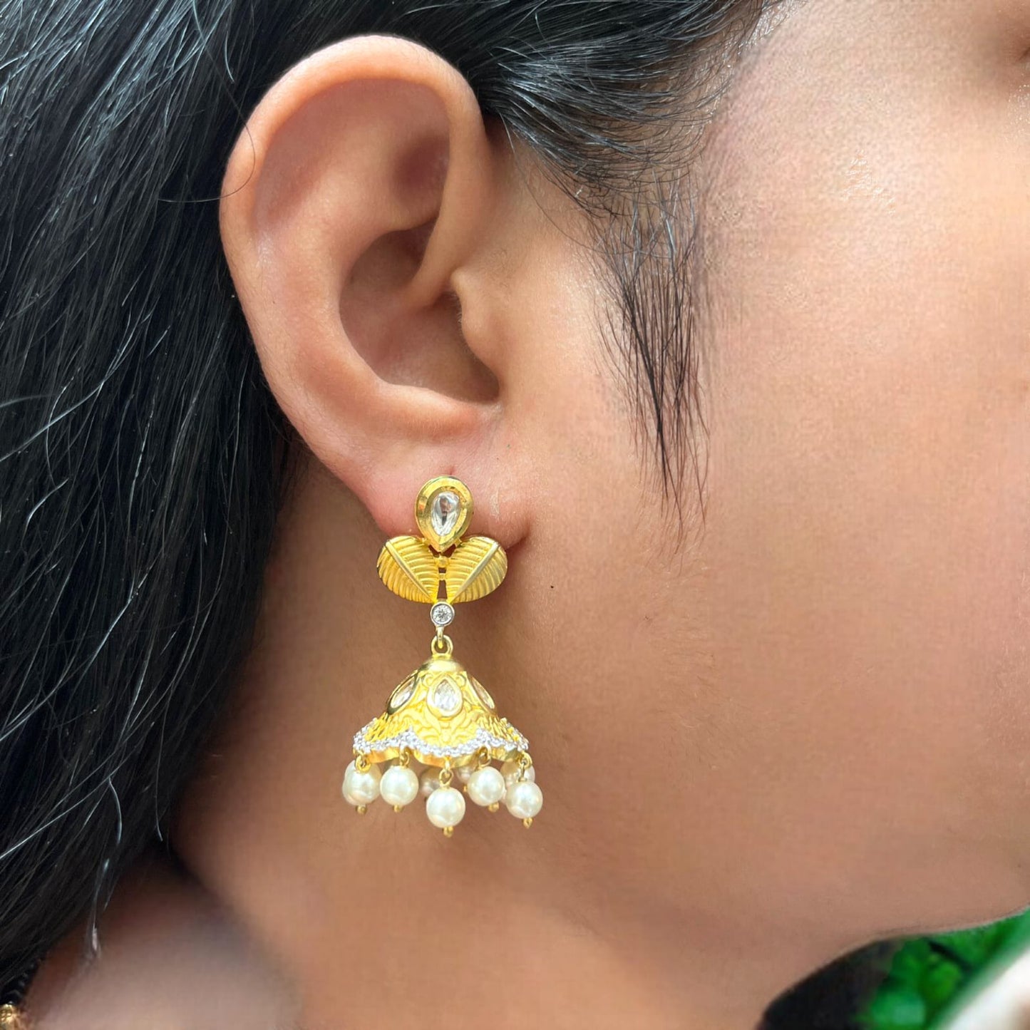 925 Sterling Silver Embossed Kundan White Pearl Earring For Girls And Women