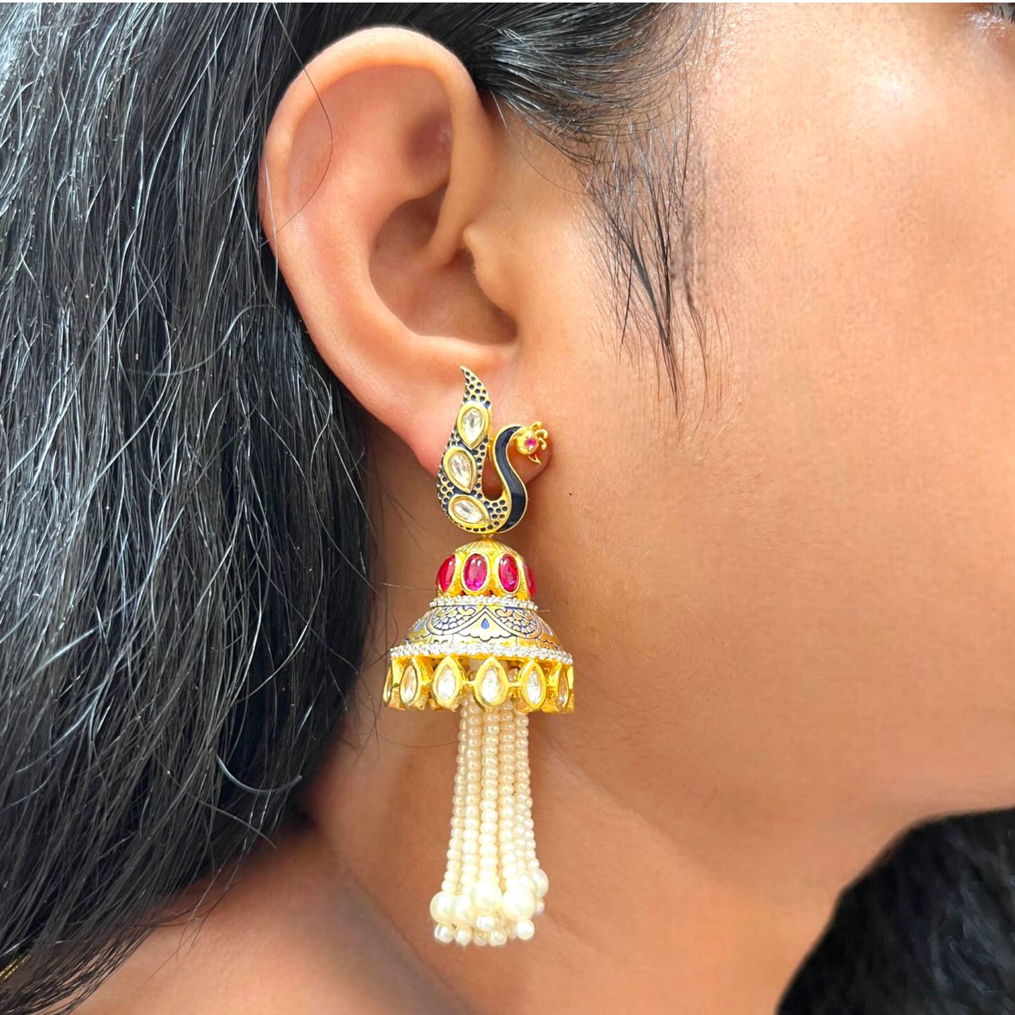 925 Sterling Silver Peacock Kundan Pearl Strings Earring For Girls And Women