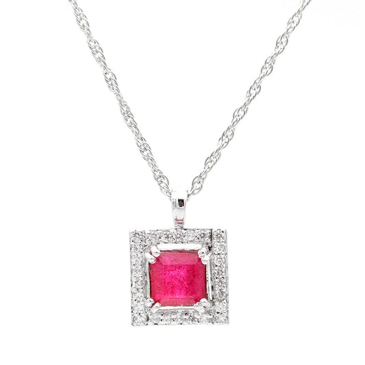 925 Sterling Silver Ruby Color Stone & 7mm White Stone Pendant with Chain For Girls And Women