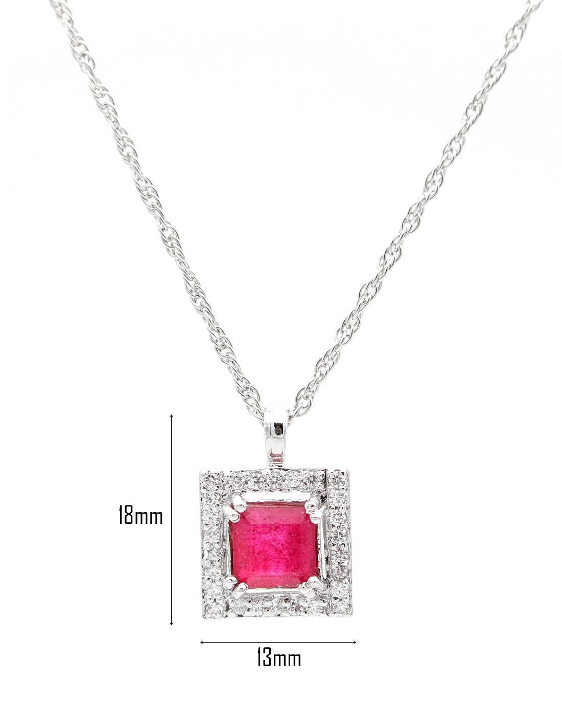 925 Sterling Silver Ruby Color Stone & 7mm White Stone Pendant with Chain For Girls And Women