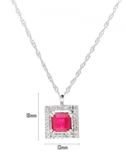 925 Sterling Silver Ruby Color Stone & 7mm White Stone Pendant with Chain For Girls And Women