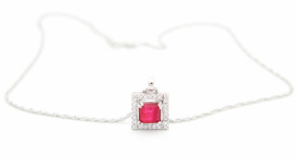 925 Sterling Silver Ruby Color Stone & 7mm White Stone Pendant with Chain For Girls And Women