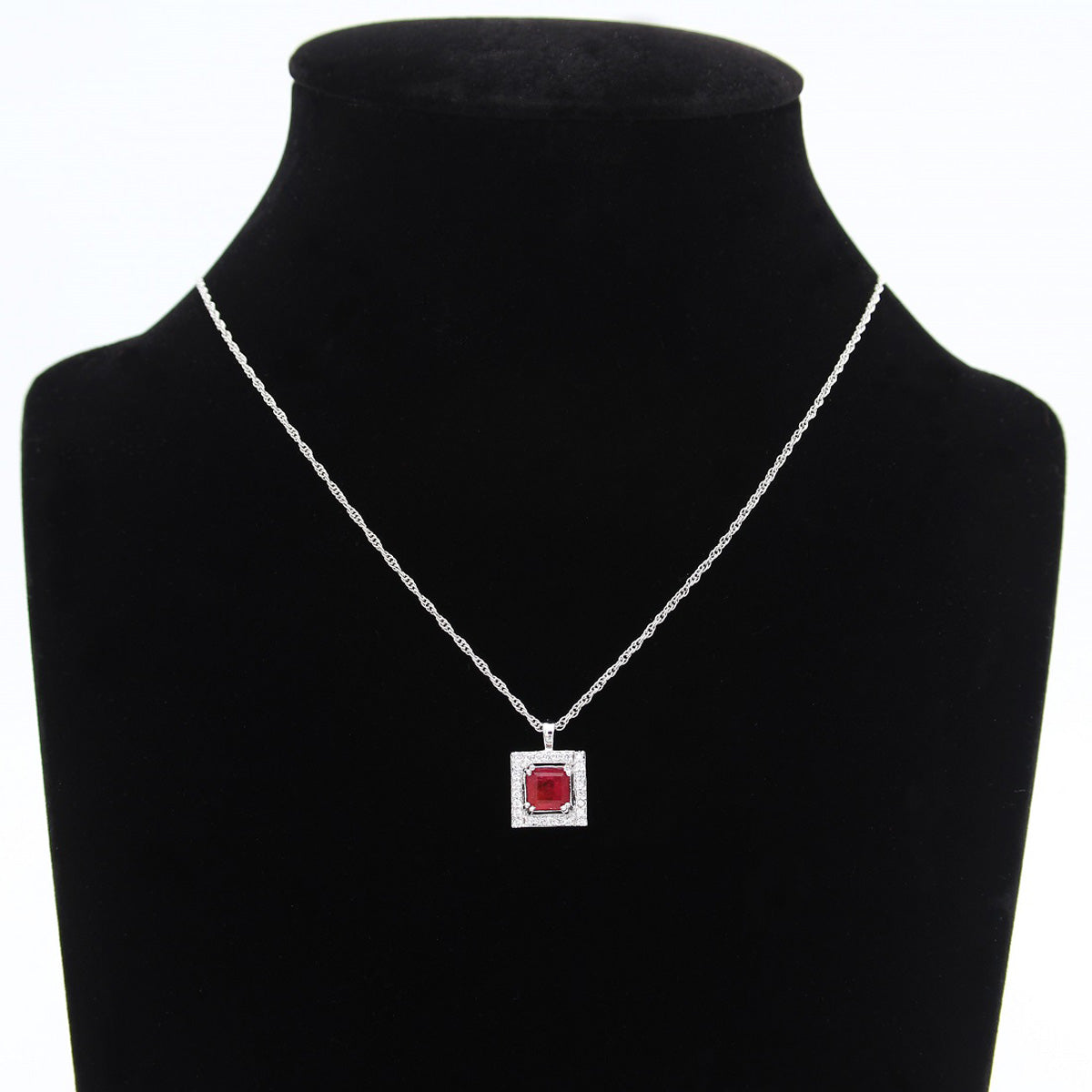 925 Sterling Silver Ruby Color Stone & 7mm White Stone Pendant with Chain For Girls And Women